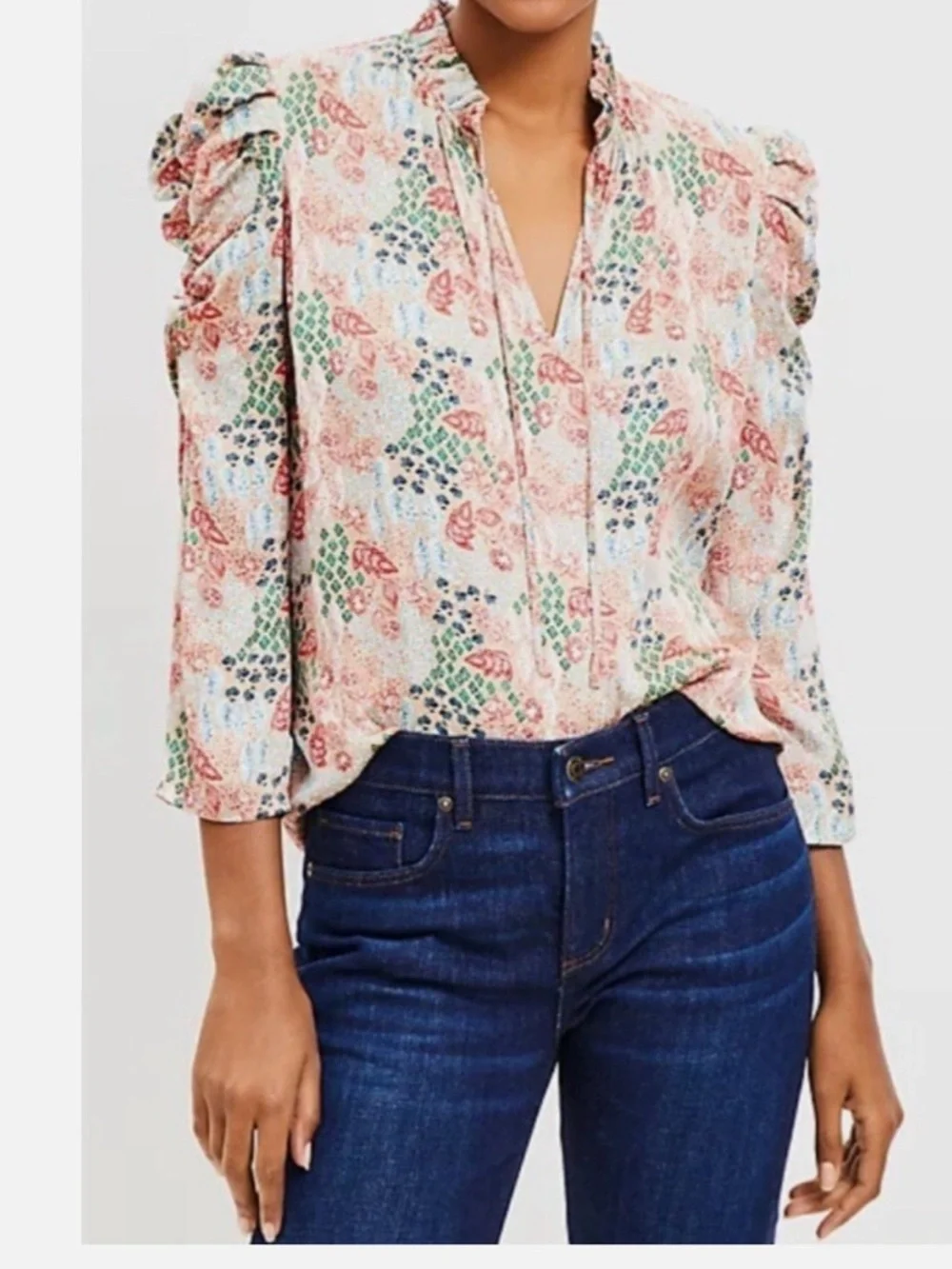 LOFT Floral Cinched Sleeve Tie Neck Mixed Media Blouse Top Sz M